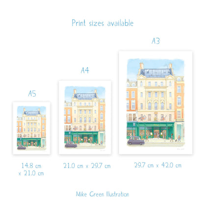 A size comparison chart for wall art prints showing A5, A4, and A3 sizes with dimensions in centimeters. The prints are of the Hatchards book shop in London's piccadilly.
