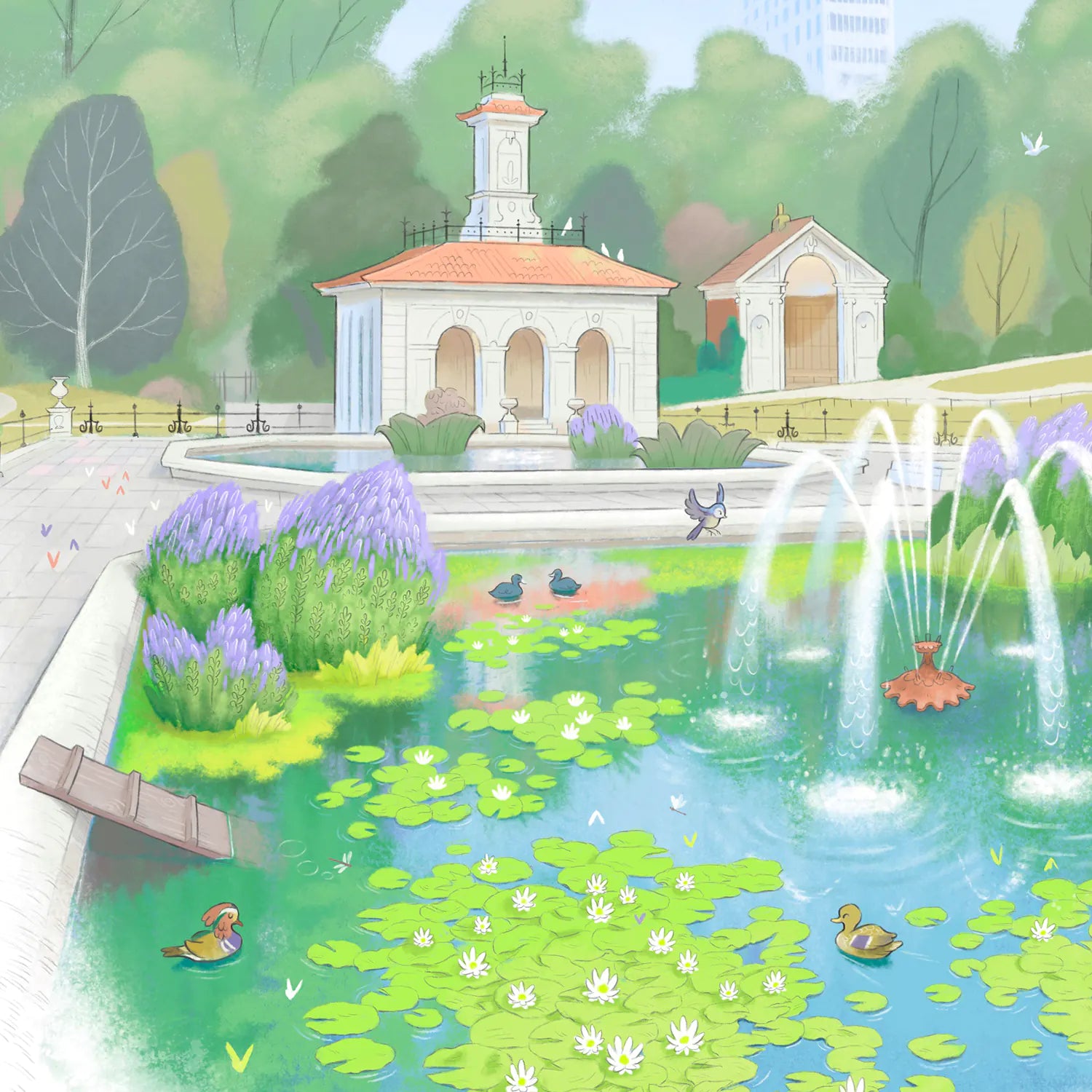 Detail from a painting of Hyde Park's Italian Garden by Mike Green Illustration