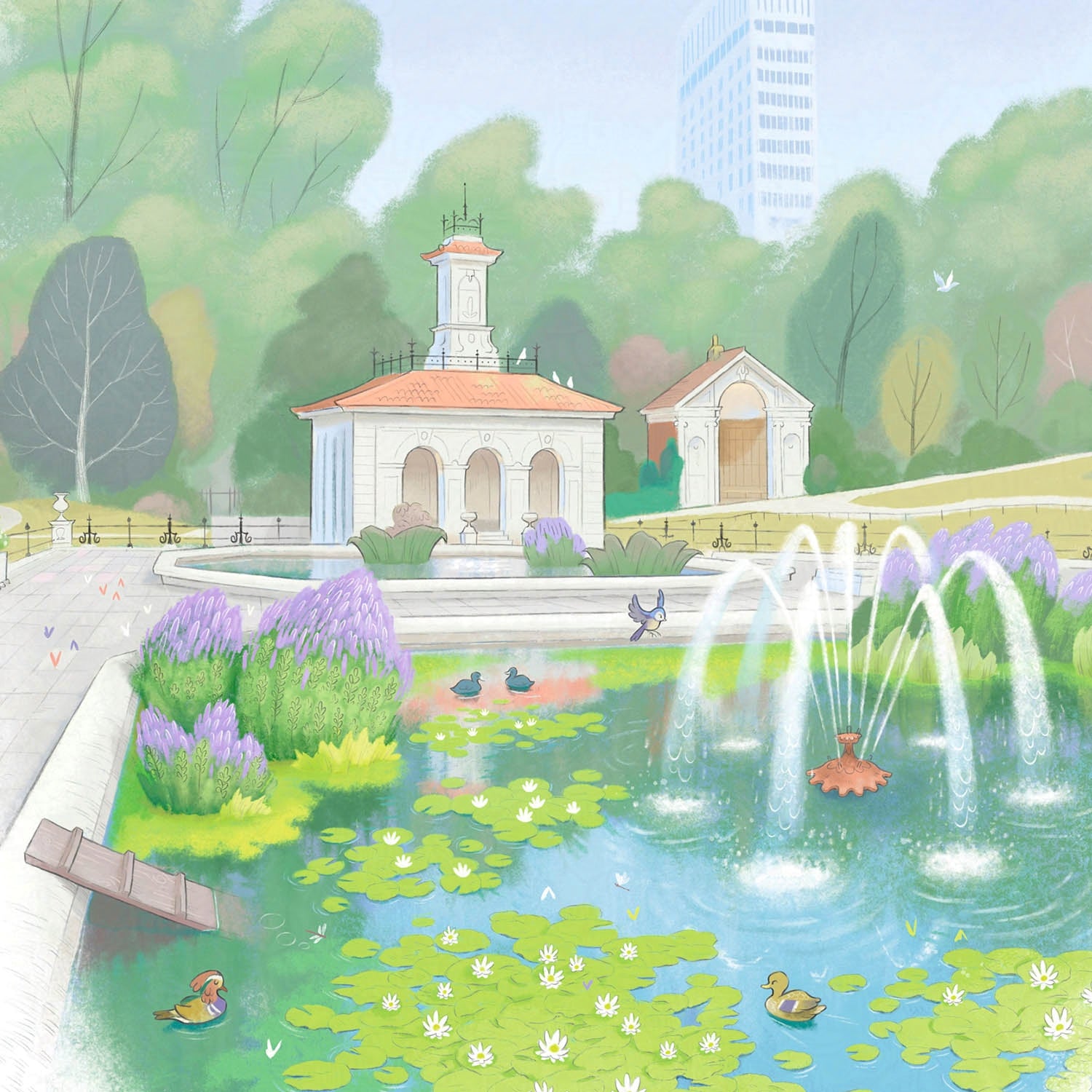 Detail from a painting of Hyde Park's Italian Garden by Mike Green Illustration