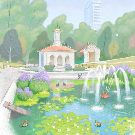 Detail from a painting of Hyde Park's Italian Garden by Mike Green Illustration
