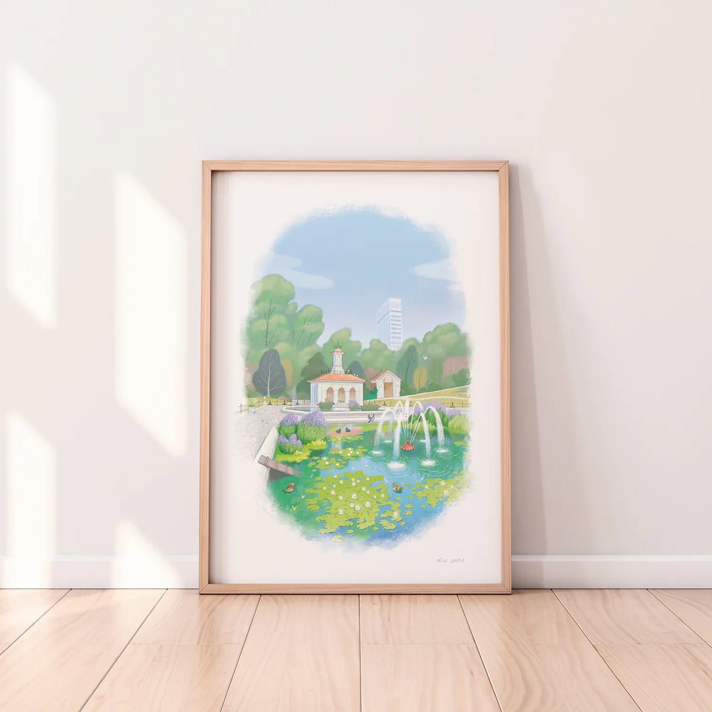 Framed painting of Hyde Park's Italian Garden by Mike Green Illustration