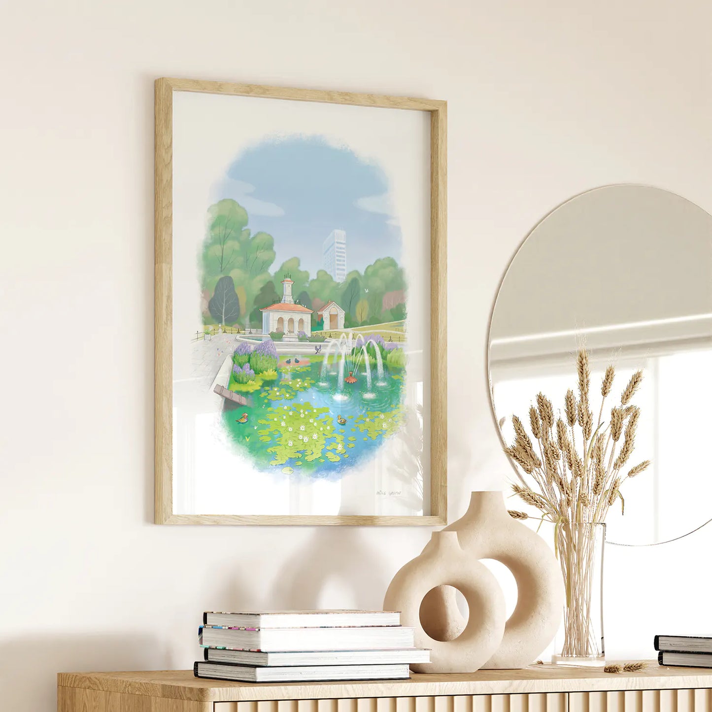 Framed painting of Hyde Park's Italian Garden on a wall