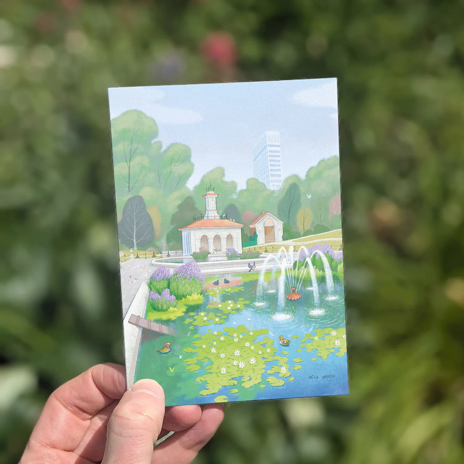 Greetings card with painting of  the Italian Gardens in London's Hyde Park