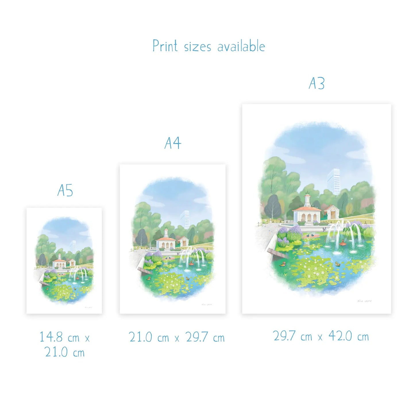 Dimensions for prints of a painting of Hyde Park's Italian Garden by Mike Green Illustration