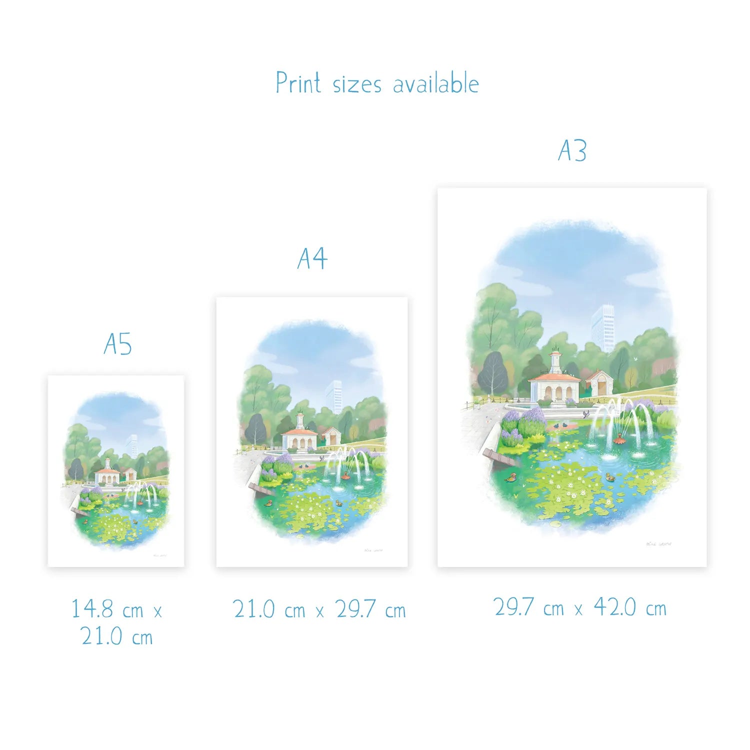 Dimensions for prints of a painting of Hyde Park's Italian Garden by Mike Green Illustration