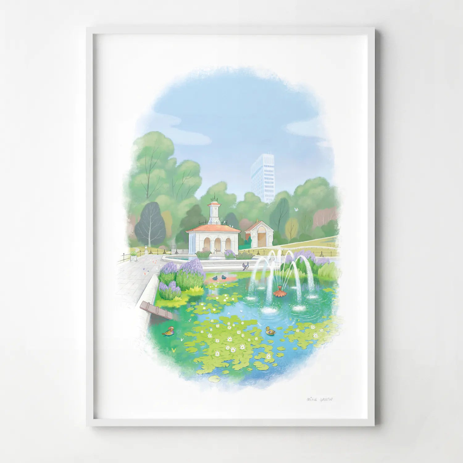 Framed painting of Hyde Park's Italian Garden by Mike Green Illustration