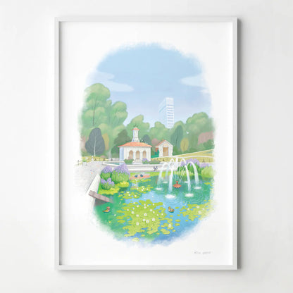 Framed painting of Hyde Park's Italian Garden by Mike Green Illustration