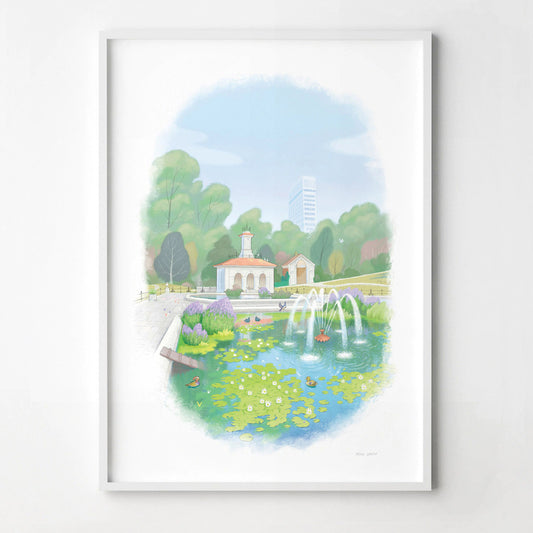 Framed painting of Hyde Park's Italian Garden by Mike Green Illustration