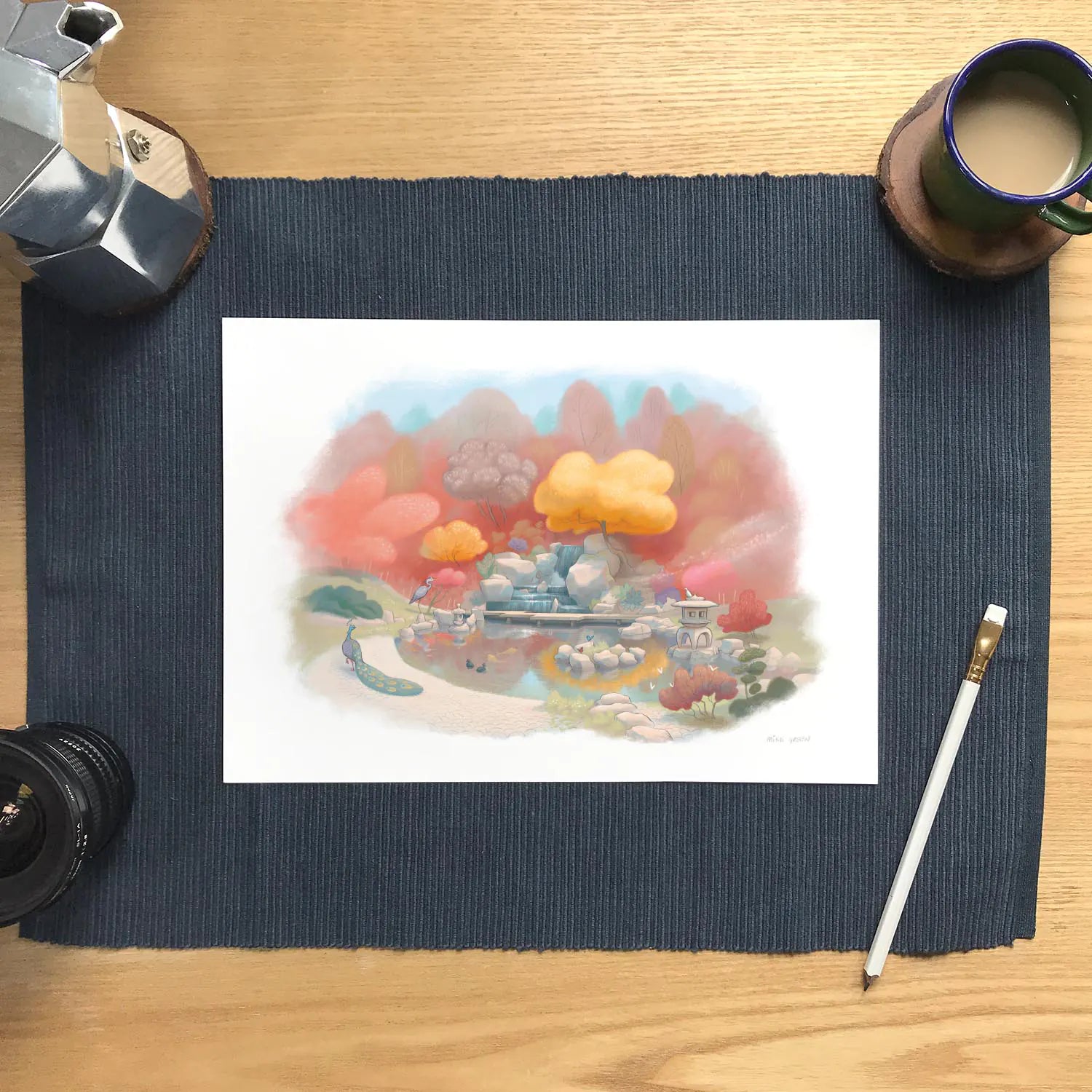Wall art print of an autumn painting of the Japanese Kyoto Garden in west London's Holland Park