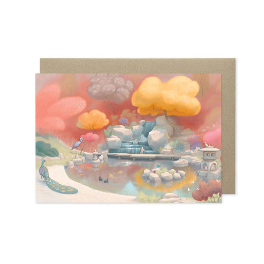 Greetings card with a painting of the Japanese Kyoto Garden in Holland Park in Kensington London