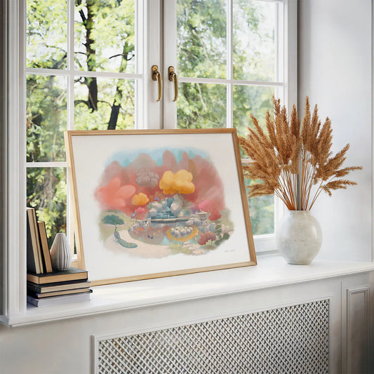Art print of a painting of the Japanese Kyoto Garden in Holland Park Kensington London on a windowsill with flowers