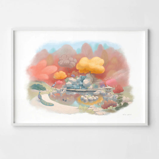 Art print of painting of the Japanese Kyoto Garden in Holland Park Kensington London