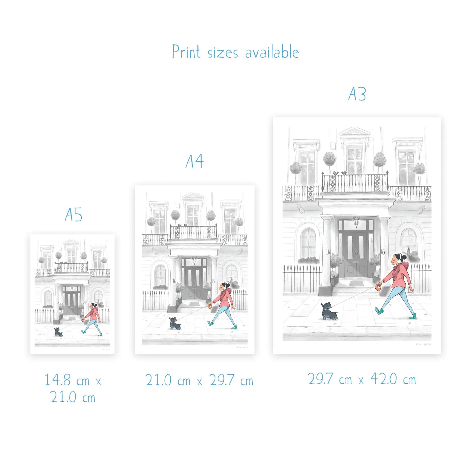 Wall art print sizes for an illustration of a lady walking her dog in London's Kensington