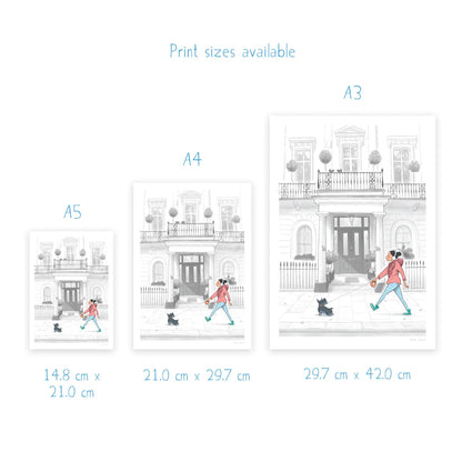 Wall art print sizes for an illustration of a lady walking her dog in London's Kensington