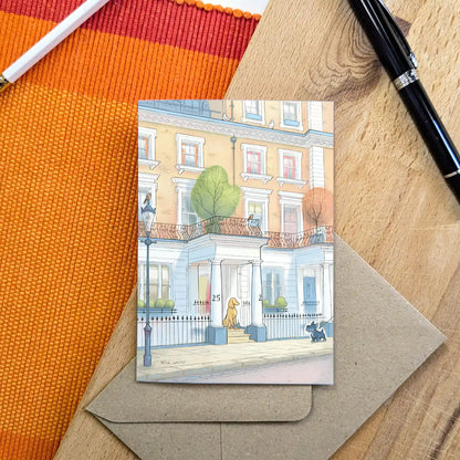 A dog pays a friend a visit on a London street in this beautifully illustrated greeting card by mike green illustration.