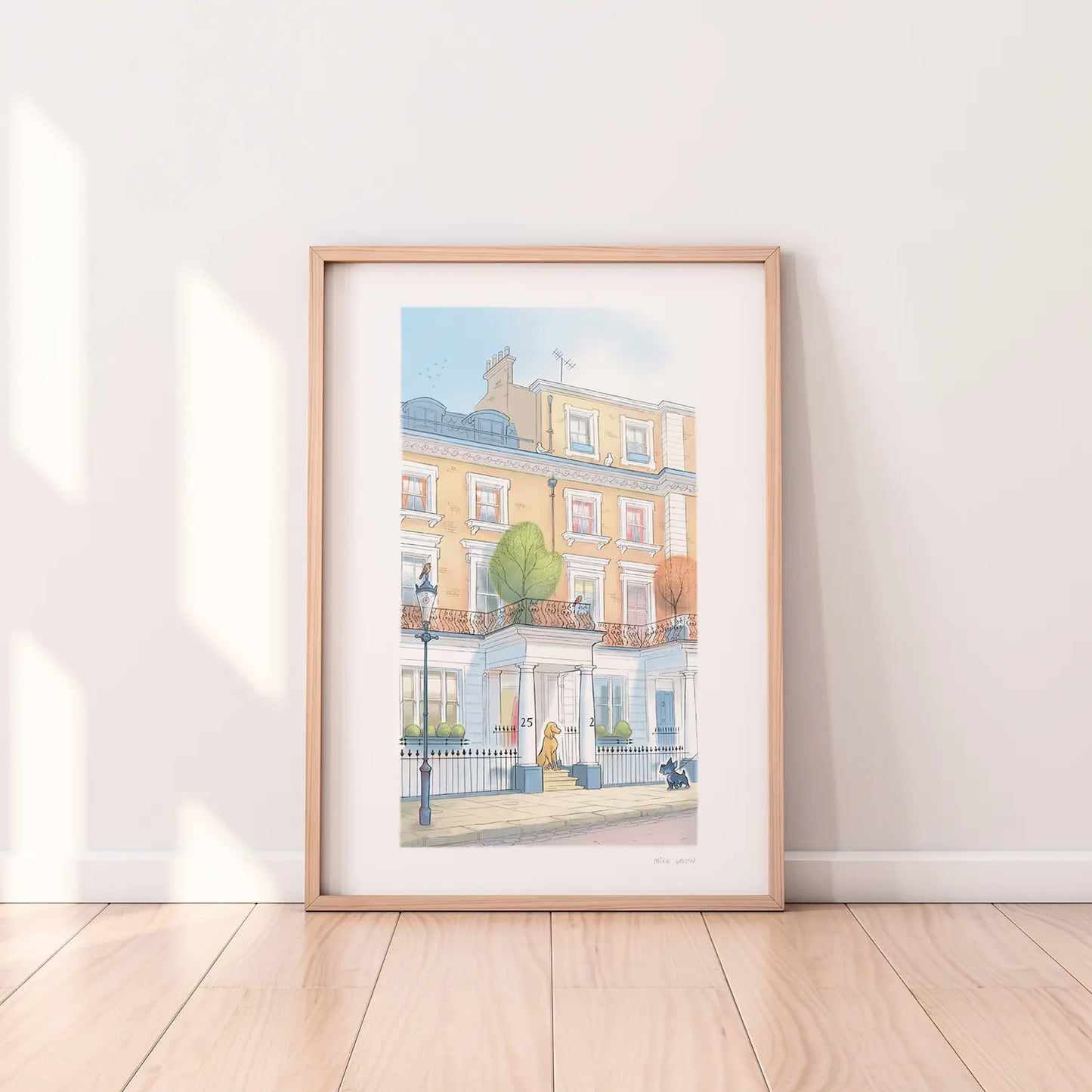 Framed print of a painting with one dog visiting another on a street in London's Kensington