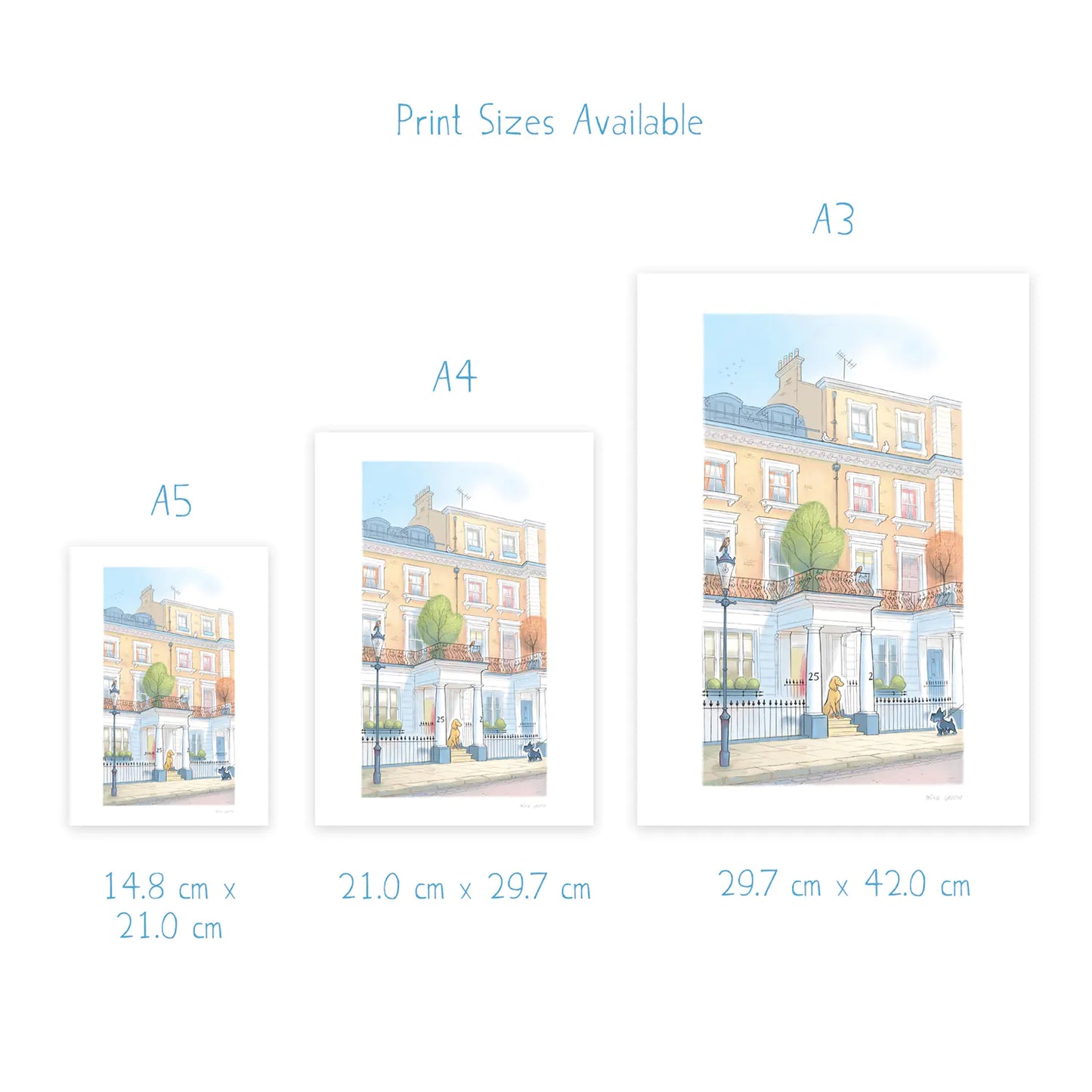 Print sizes of 'A Dogs Visit' illustration by Mike Green Illustration