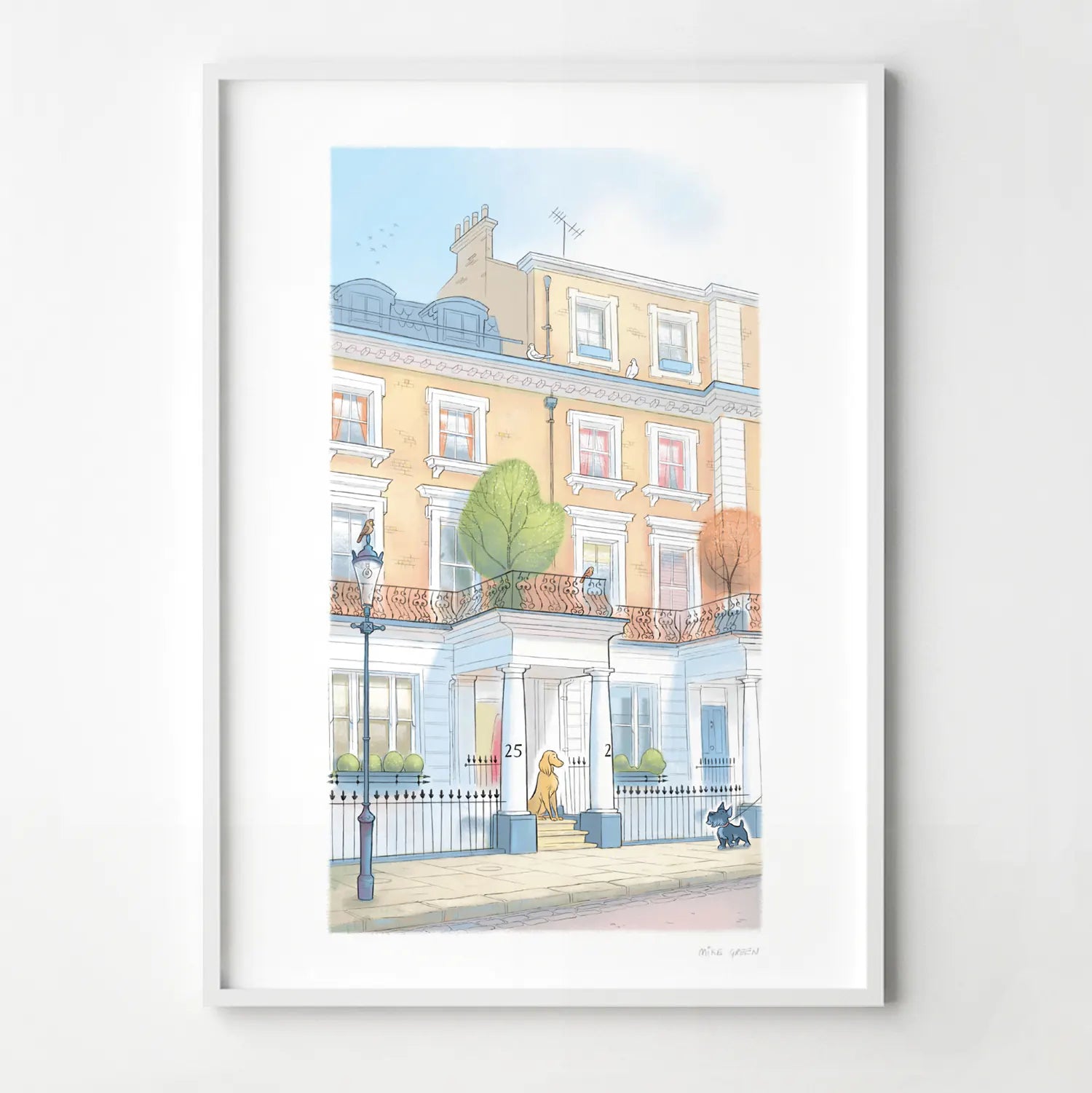 Framed print of a painting with one dog visiting another on a street in London's Kensington