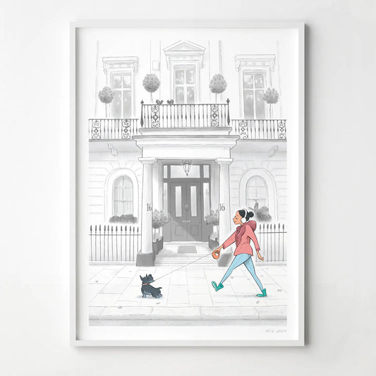 Framed print of a painting of a lady and her dog strolling past a white house in London's Kensington