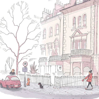 Detail from a romantic painting of a lady and man walking their dogs on a winter time street in London
