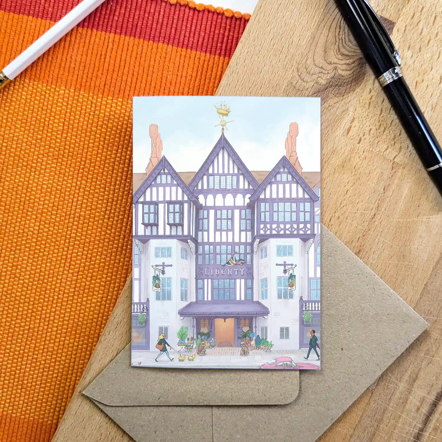 London's Liberty Store beautifully illustrated on a greeting card by mike green illustration.