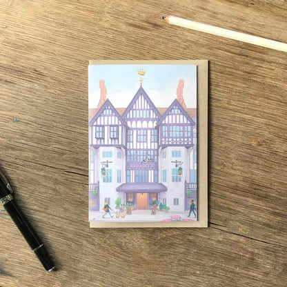 London's Liberty Store beautifully illustrated on a greeting card by mike green illustration.