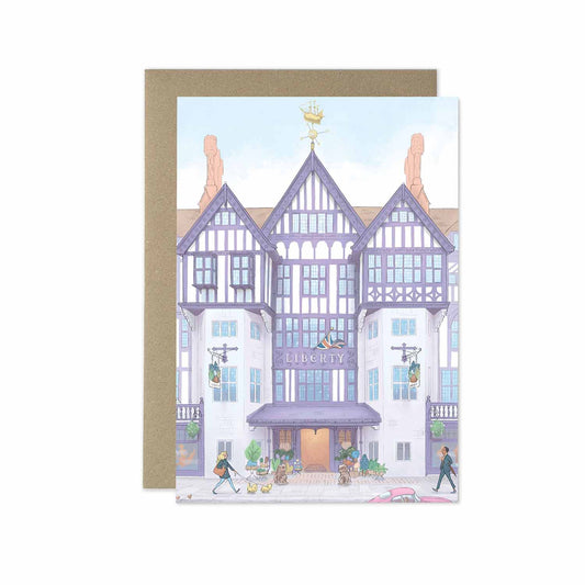 London's Liberty Store beautifully illustrated on a greeting card by mike green illustration.