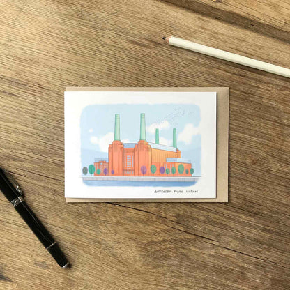 London's Battersea Power Station beautifully illustrated on a greeting card from mike green illustration.