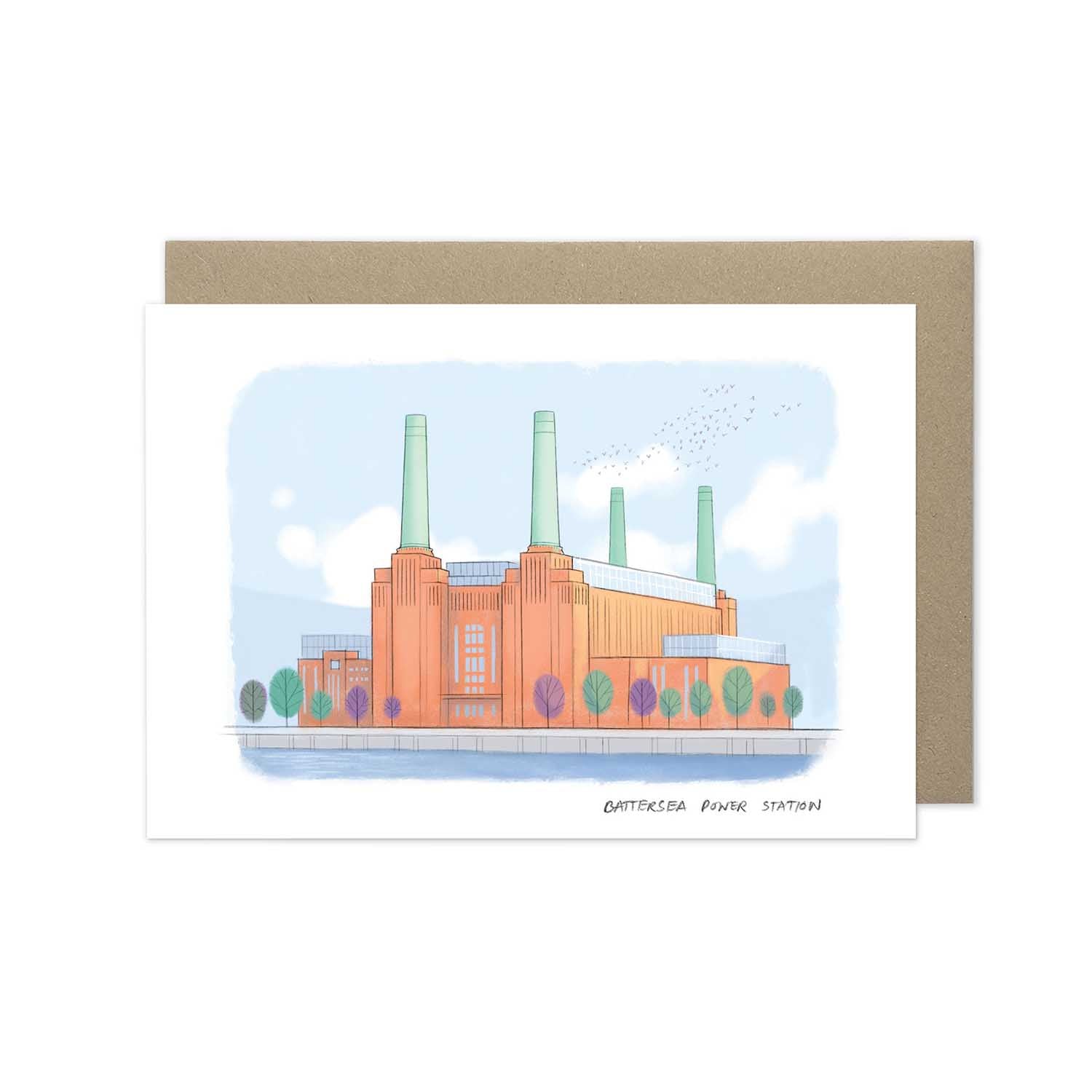 London's Battersea Power Station beautifully illustrated on a greeting card from mike green illustration.