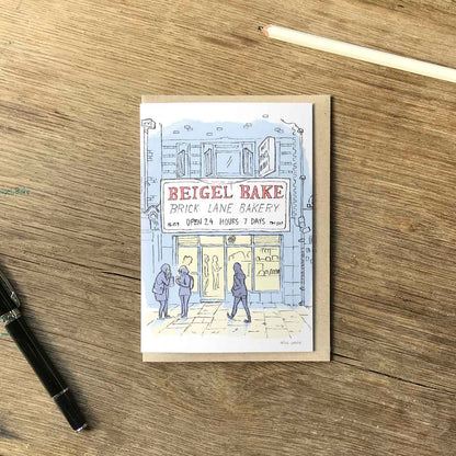 Brick lanes famous Beigel Bake beautifully illustrated on a greeting card by mike green illustration.