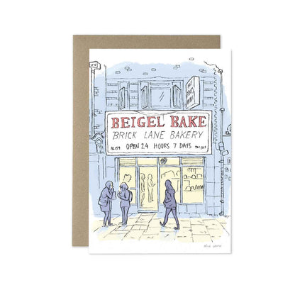 Brick lanes famous Beigel Bake beautifully illustrated on a greeting card by mike green illustration.