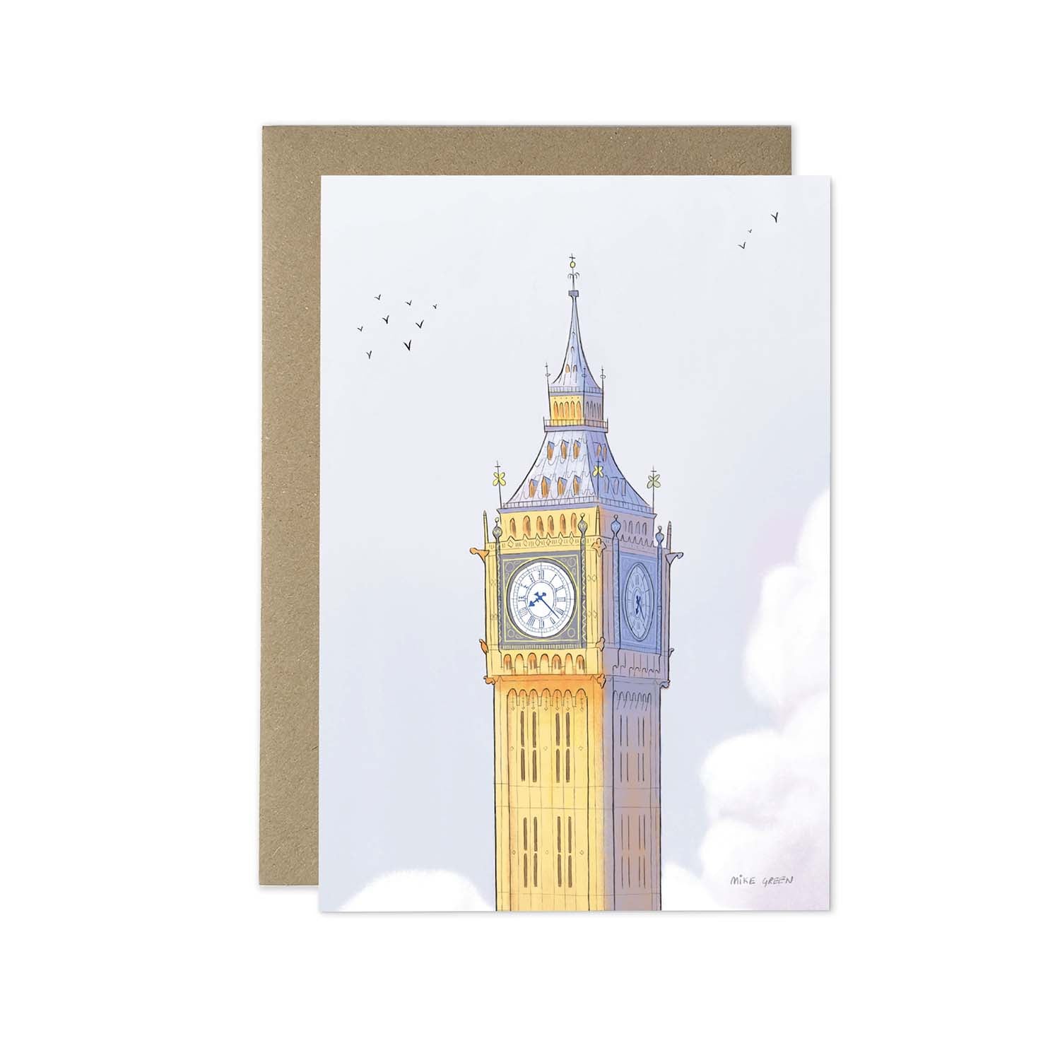 London's Big Ben beautifully illustrated on a greeting card by mike green illustration.