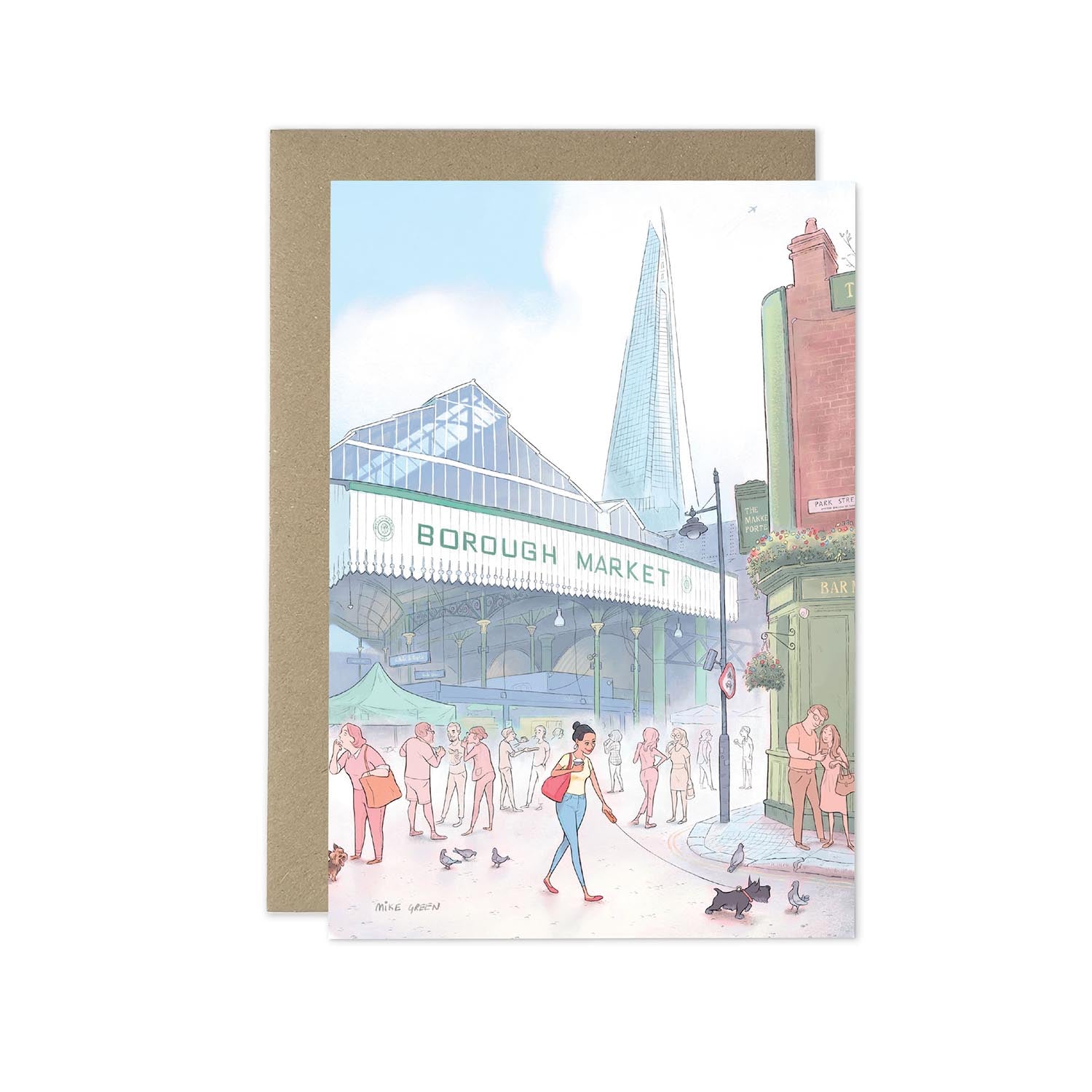 A lady and her dog in London's Borough Market beautifully illustrated on a greeting card by mike green illustration.