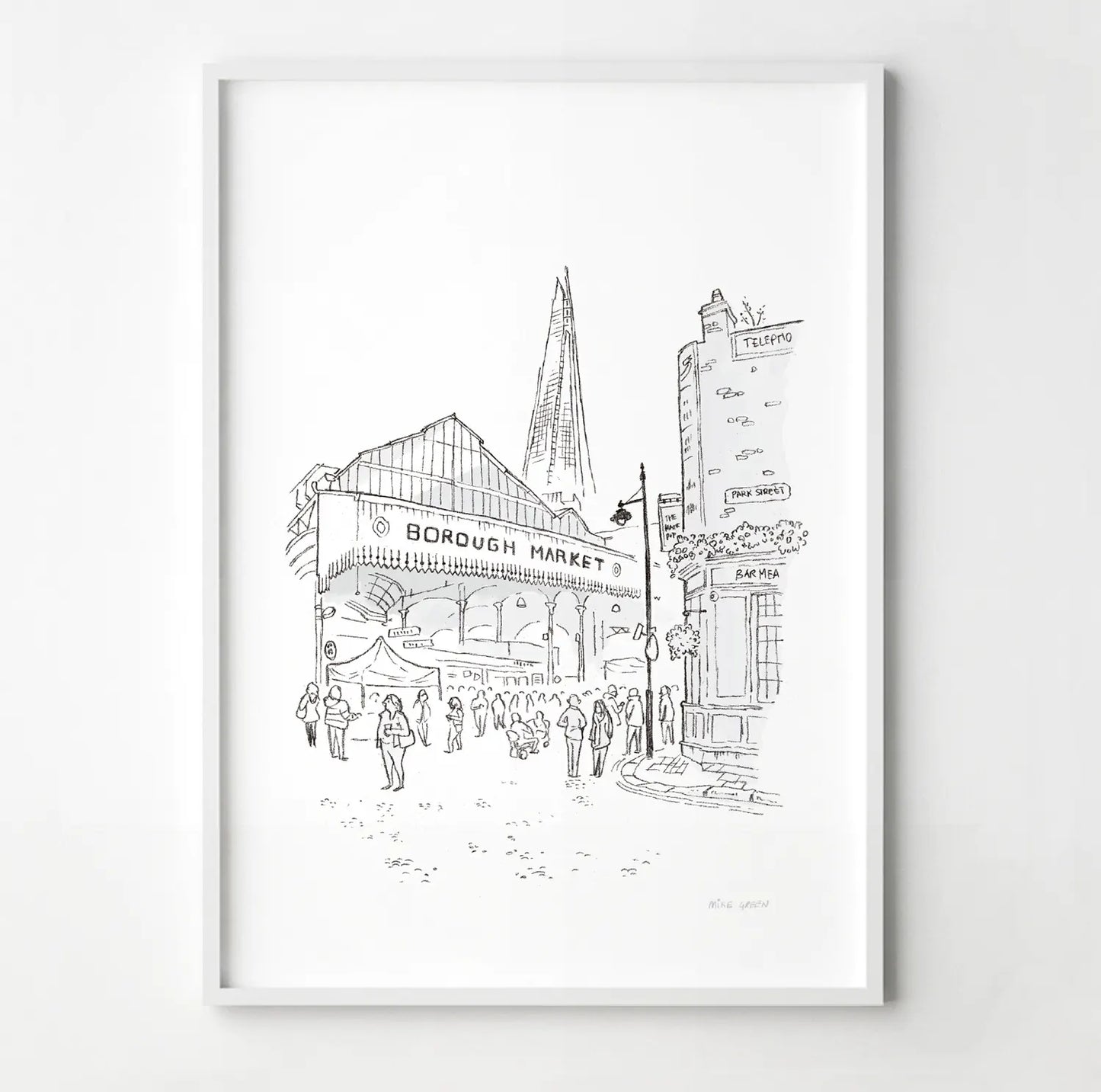 A framed print of London's Borough Market beautifully sketched by Mike Green.