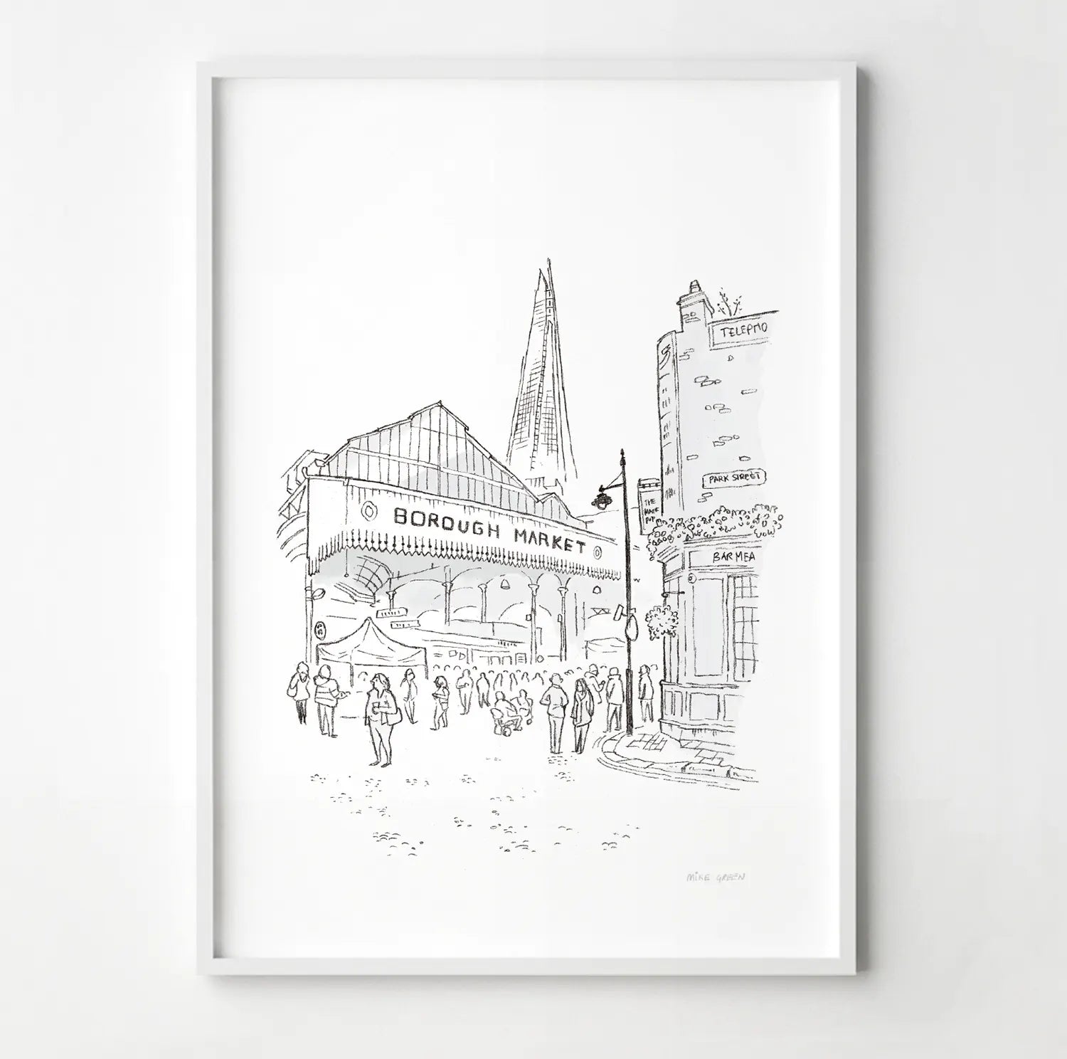 A framed print of London's Borough Market beautifully sketched by Mike Green.