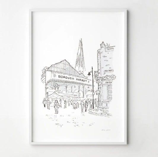 A framed print of London's Borough Market beautifully sketched by Mike Green.