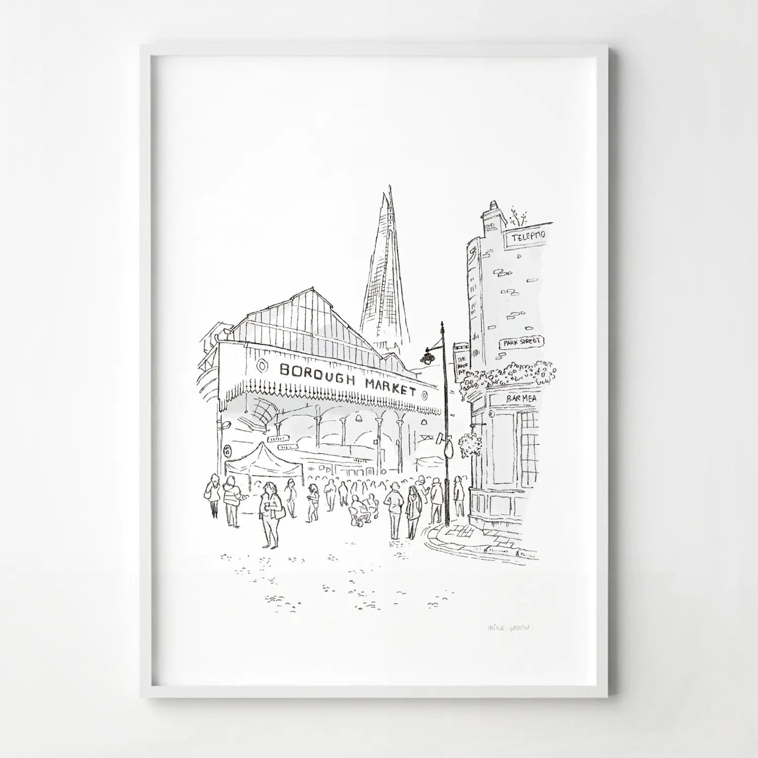 A framed art print of London's Borough Market sketched by Mike Green.