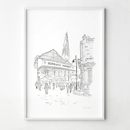 A framed art print of London's Borough Market sketched by Mike Green.