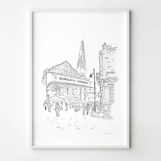 A framed art print of London's Borough Market sketched by Mike Green.