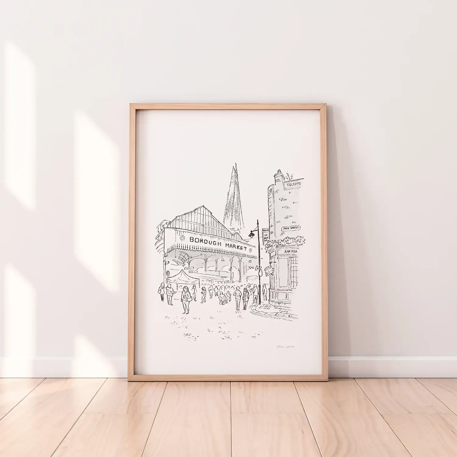 A framed print of London's Borough Market beautifully sketched by Mike Green.