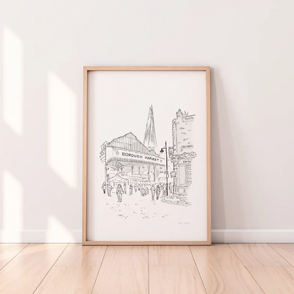 A framed print of London's Borough Market beautifully sketched by Mike Green.