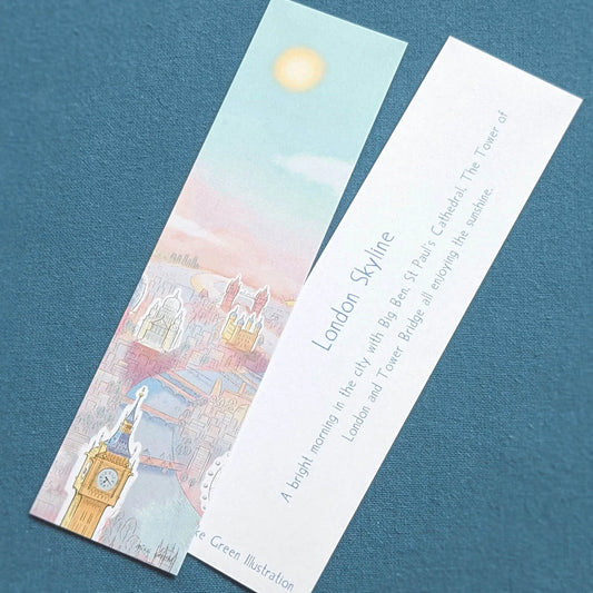 Front and back of a London bookmark with landmarks in the sunshine including Big Ben, St Paul's Cathedral and Tower Bridge