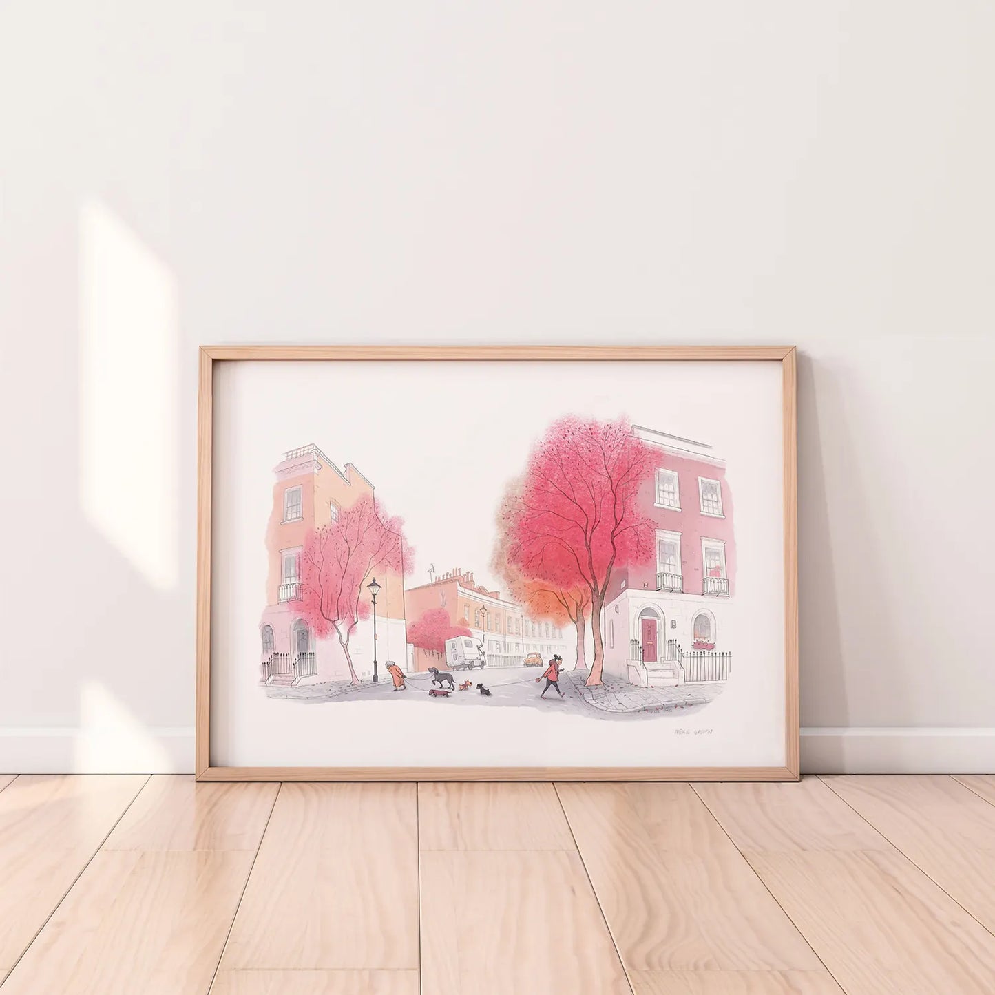 Framed Illustration with 2 dogs catching up on a red tree lined street in London