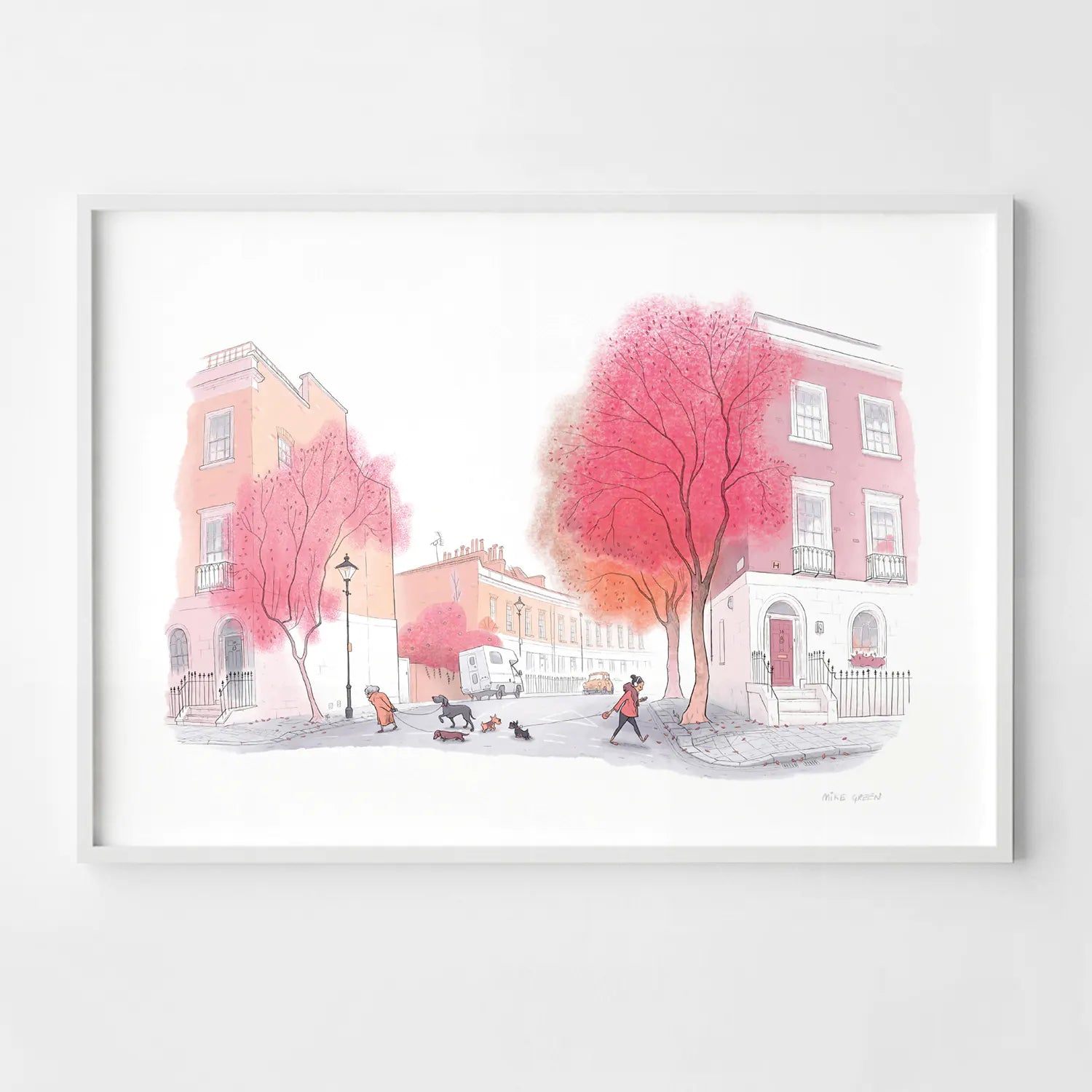 Framed Illustration with 2 dogs catching up on a red tree lined street in London