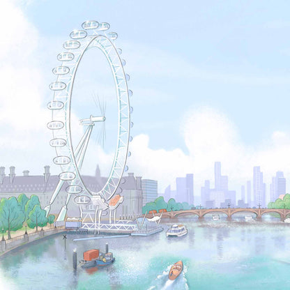 Detail of an illustration of the London Eye on the river Thames in London by Mike Green Illustration