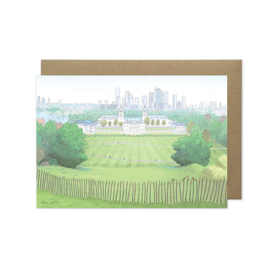 View from London's Greenwich Park beautifully illustrated on a greeting card by mike green illustration.