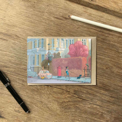 A dog spots a parakeet on a street in London's Kensington in this beautifully illustrated greeting card by mike green illustration.