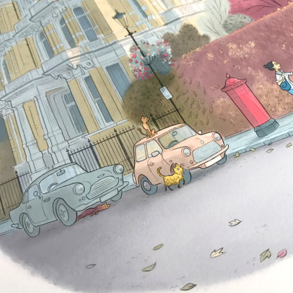 Photo of a wall art print of a painting of a House in London's South Kensington with cats and a London post box