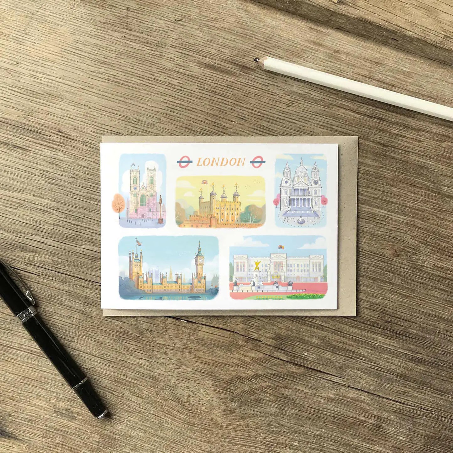 Greetings Card with London Landmarks,  Westminster Abbey, Tower of London, St Paul's Cathedral, Palace of Westminster, and Buckingham Palace.