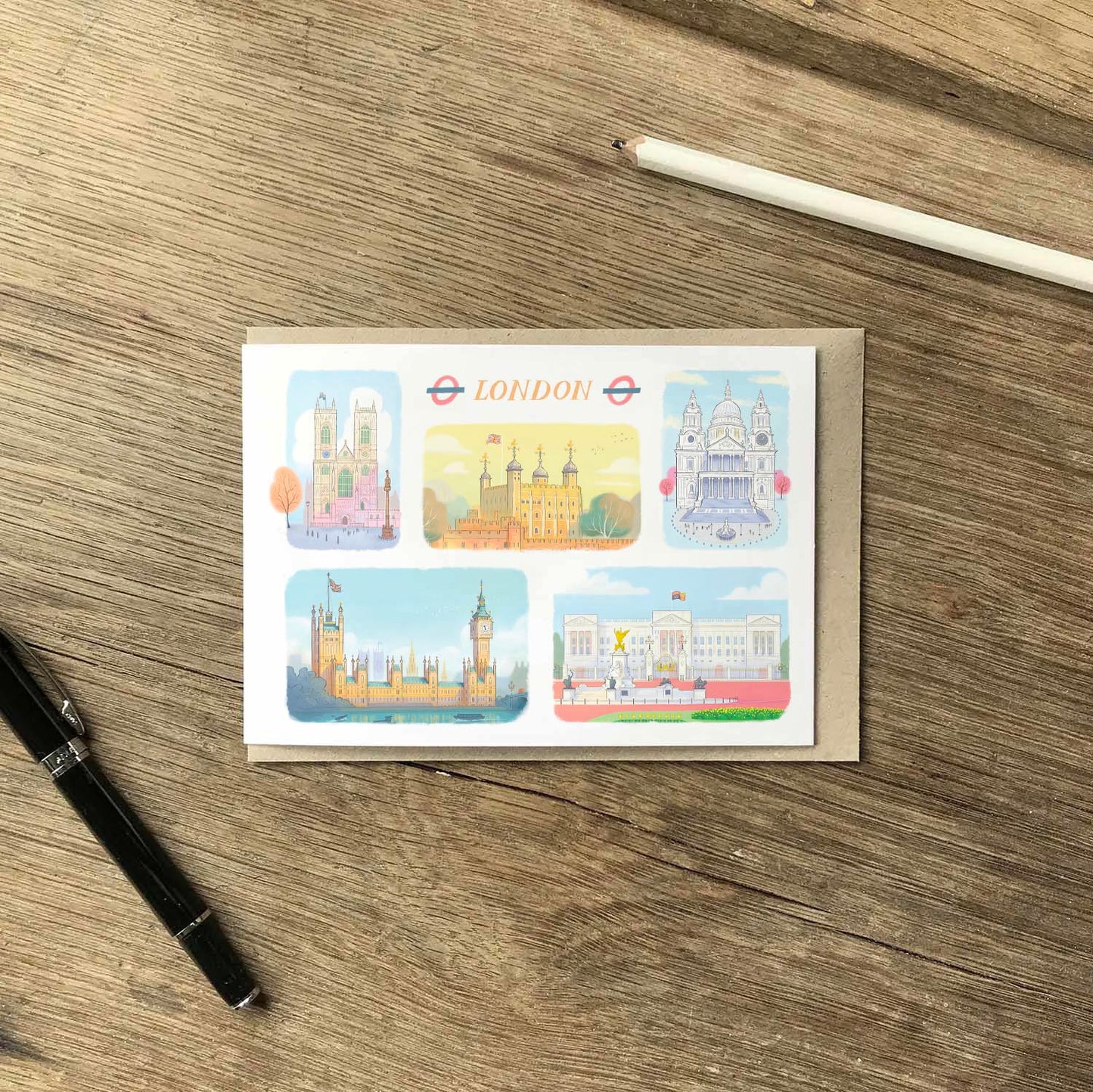 Greetings Card with London Landmarks,  Westminster Abbey, Tower of London, St Paul's Cathedral, Palace of Westminster, and Buckingham Palace.